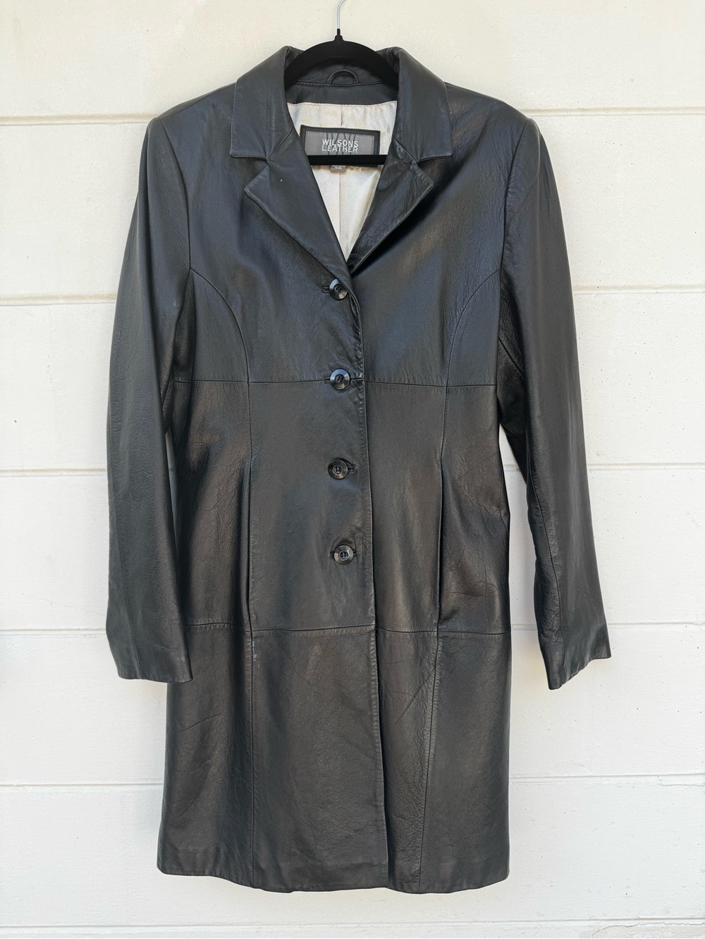 Wilsons Leather LONG BLACK Jacket/Coat Button Up Women's SZ Medium